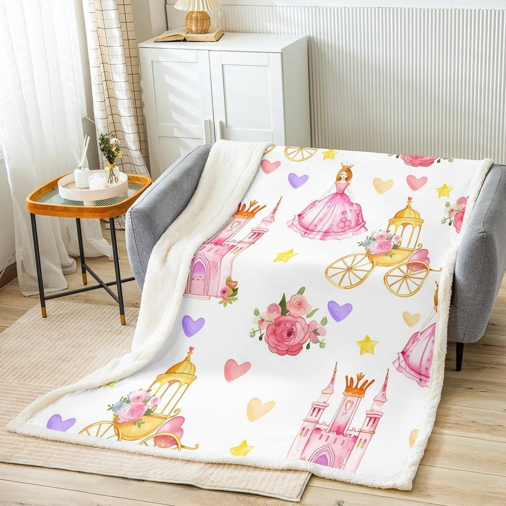 Princess Flannel Blanket All Seasons Dreamy Castle Girl Bed Throw for Kawaii Decor Watercolor Paint Print Purple Blanket for Kid