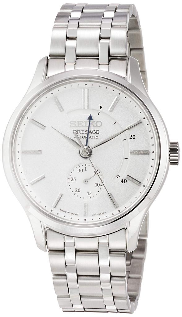 Seiko Watch SARY143 Presage Mechanical Watch with White Power Dual Curved Sapphire and Silver Men's Dial, Reserve, Crystal, See-Through Back,