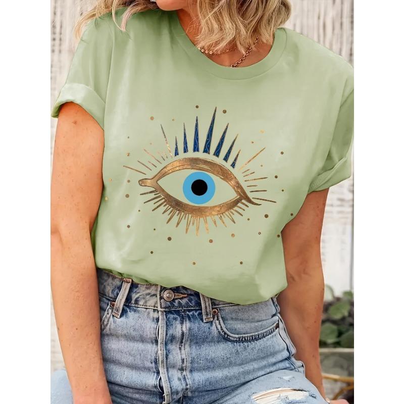 

Solid color women s eye print short sleeved T-shirt XL