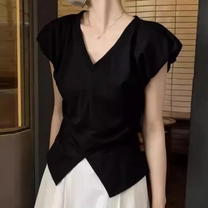 

Женская блузка с V-образным вырезом, узлом и короткими рукавами S чёрный