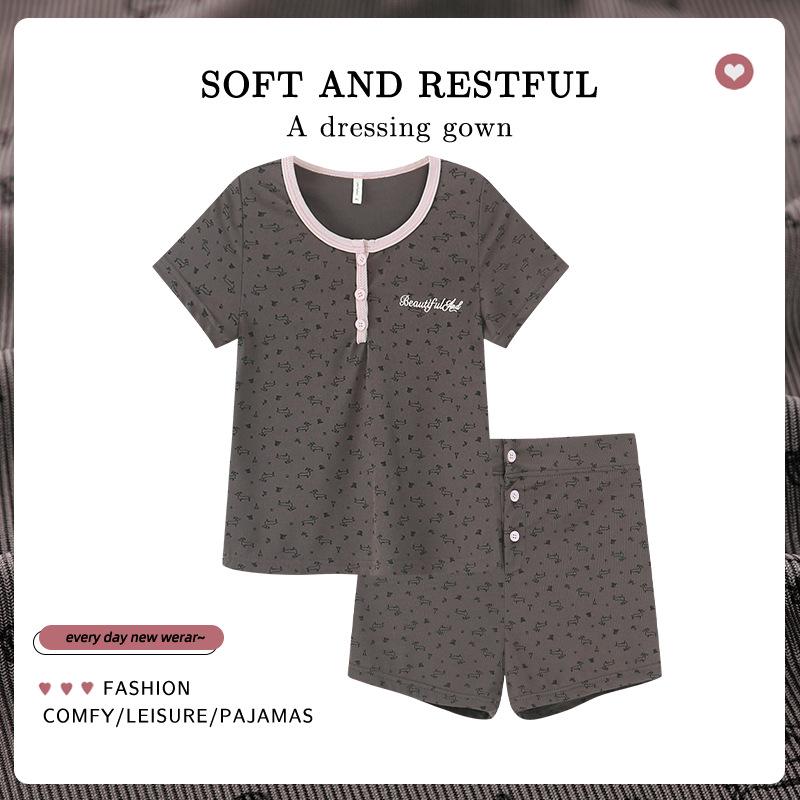 

Женский милый пижамный комплект с принтом, с коротким рукавом - Маленький студенческий крой, Тонкая домашняя одежда, Круглый вырез XXL