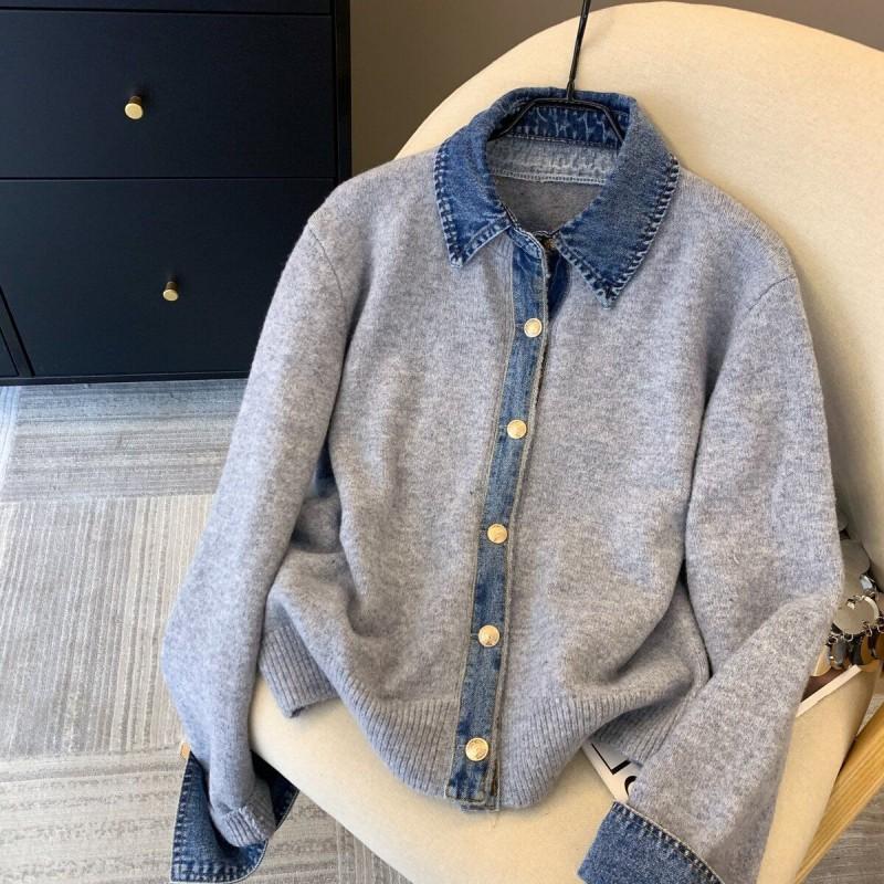 Womens Knit Cardigan With Denim Patchwork Detail V-Neck Long Sleeve Oversized Sweater 2025
