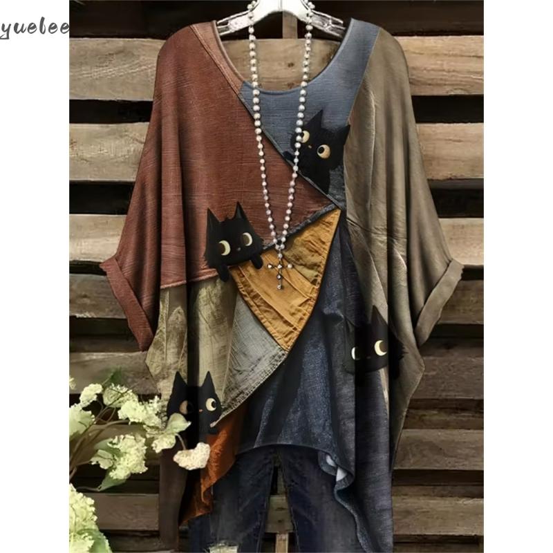 2025 Camiseta Elegante Bohemia para Mujer Estampado Floral de Mariposas Dobladillo Asimétrico Cuello Redondo Versátil y Lavable a Máquina Verano