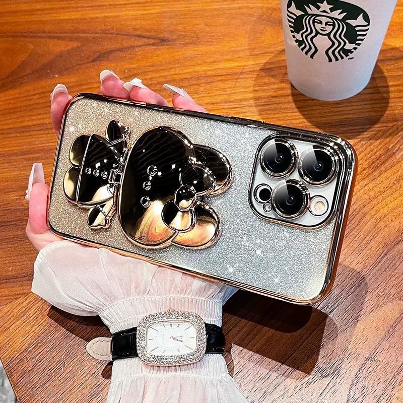 Verlaufs-Galvanisierungs-Linsenfolie Geeignet für iPhone 16 Handyhülle Apple 15 Kaninchen Make-up Spiegel Halterung Vollabdeckung Weiche Hülle