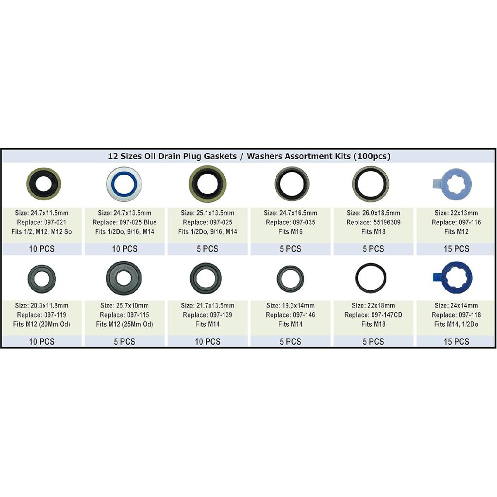 100Pcs 12 Types Metal Rubber Master Oil Drain Plug Gasket Assortment Kit Replace 097-021, 097-025, 097-035, 55196309, 097-116, 097-119, 097-115,