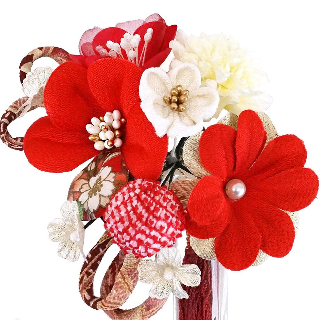 Hair Ornament Set Furisode Ceremony White Red Tsumami Crafts Crepe [Kyoto Usagido] 2-piece Coming-of-age Kk-094