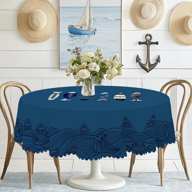 1 Pièce de Nappe Ronde Imprimée Style Océan Simple d'Été, Nappe Rectangulaire à Motif Poisson Géométrique, Nappe de Fête, Décoration de Table de Maison,
