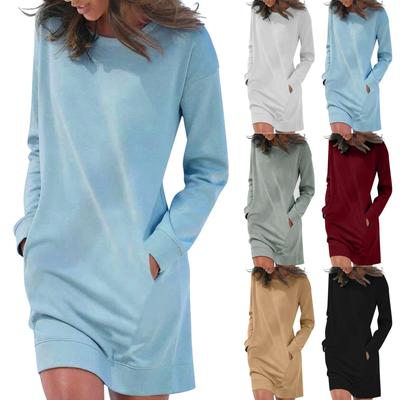 Dames Casual Kleur Lange Mouw Ronde Hals Zak Jurk