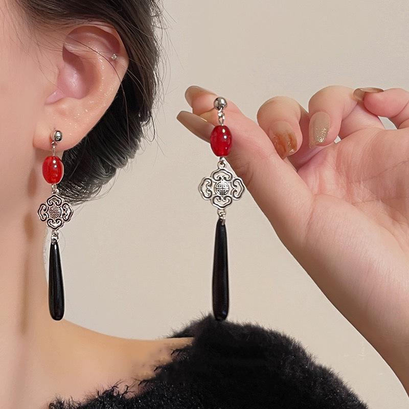 Ancient style super fairy bamboo flower pearl fringed stud earrings ear hook explosion Chinese style versatile earrings earrings