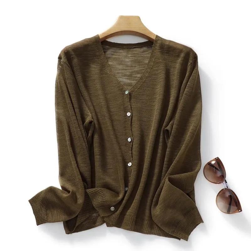 Women V Neck Thin Semi Sheer Knit Cardigan Long Sleeve Single Breasted Sun Protection Casual Knitted Outerwear