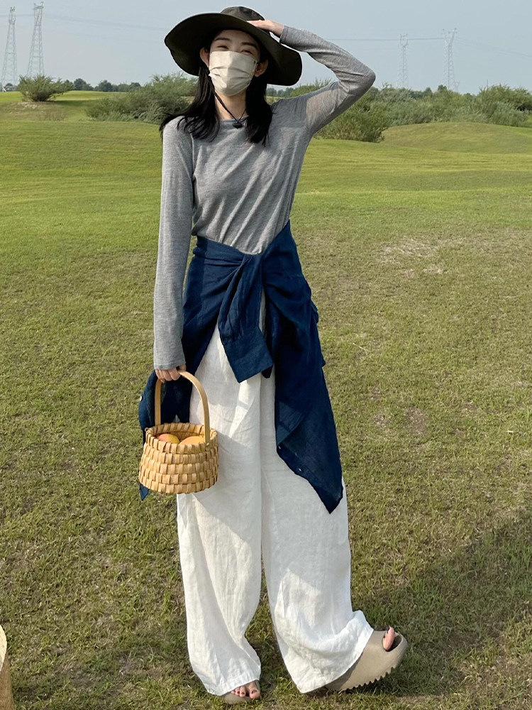 Women's Wide-Leg Ice Silk High Waist Pants - Spring Style 2026, Cotton Linen Feel, Loose Casual Fit.
