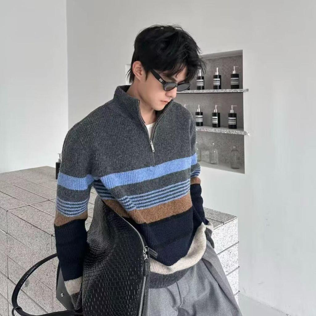 Men's Half-Zip Cross-Collar Striped Sweater - Trendy Korean Style for Autumn/Winter