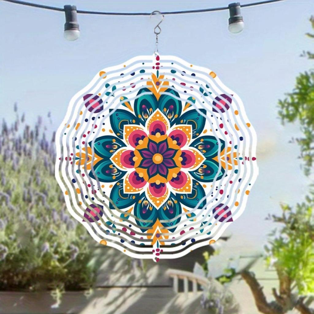 10 Zoll Mandala Windspiel Outdoor Gartendeko mit 360° drehbarem Haken Lebhaftes Metall Hängedesign für Terrasse Rasen Saisongeschenk