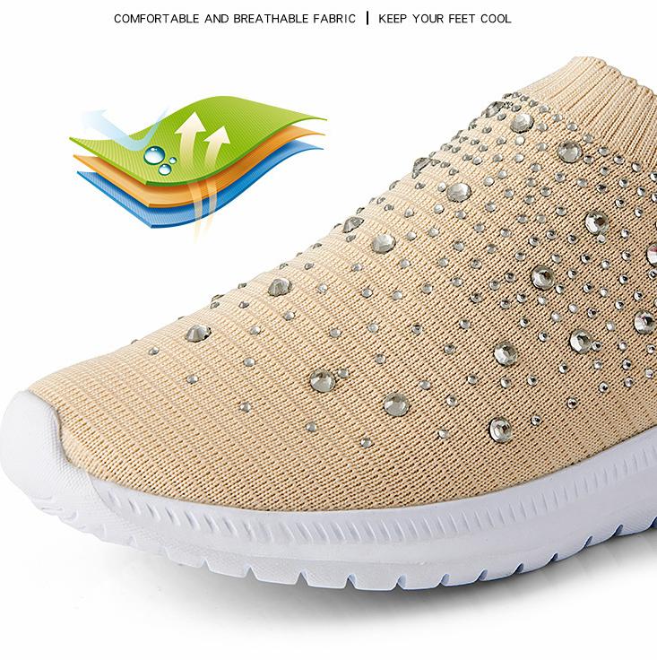Women's Lightweight Breathable Mesh Elastic Casual Shoes Striped Rainbow Rhinestone Shoes