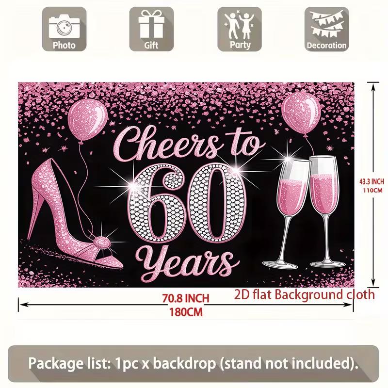 2D Pink Black 60th Birthday Backdrop, Women 60 Years Old Party Background