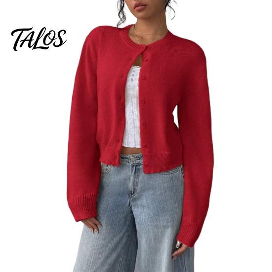 Maglia Lunga Manica Lunga Donna Cardigan Corto a Maglia, Top con Bottoni, Maglione Leggero Casual Girocollo per Primavera Autunno Aperto Davanti
