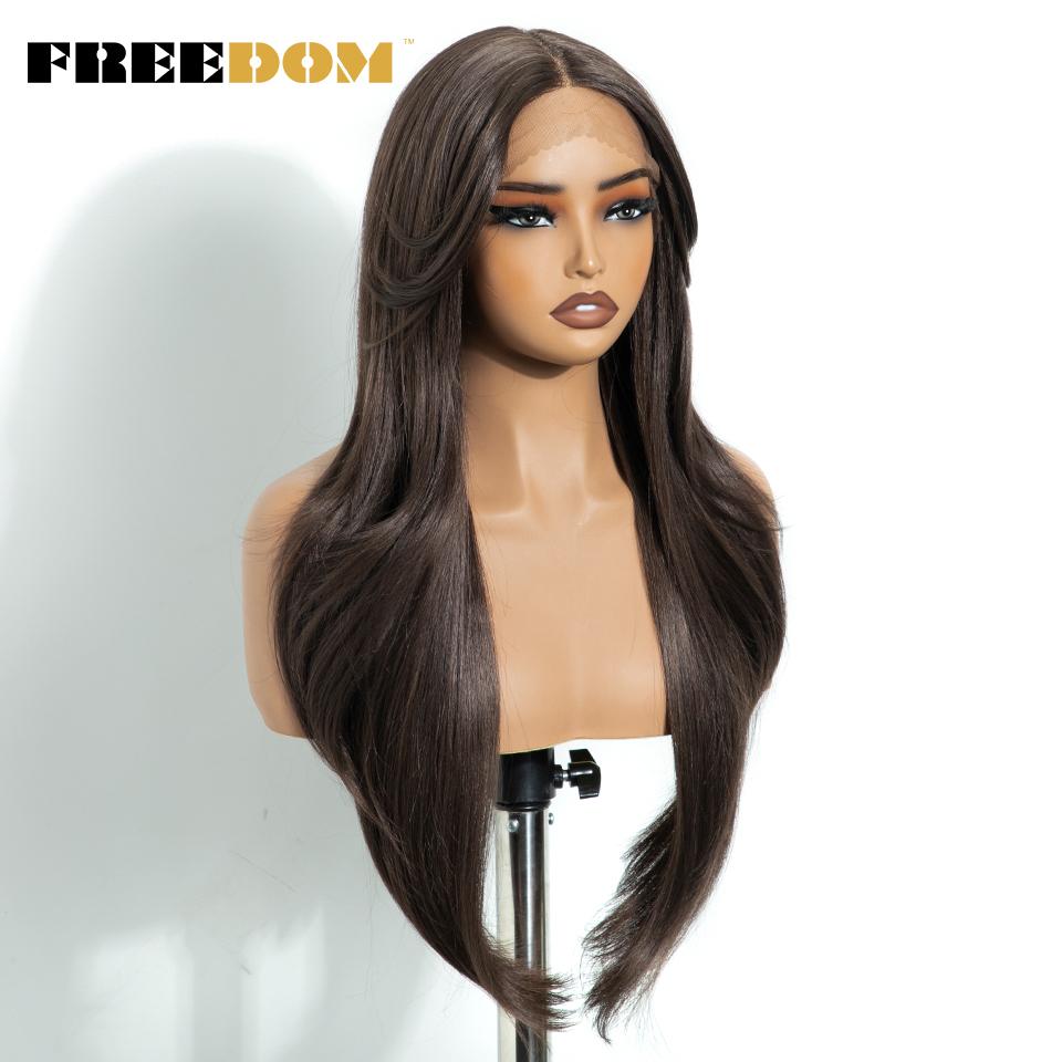 FREEDOM Synthetic Lace Front Wigs For Women 26 inch Straight Layered Wig With Bangs Ombre Brown Blonde Highlight Daily Party Wig