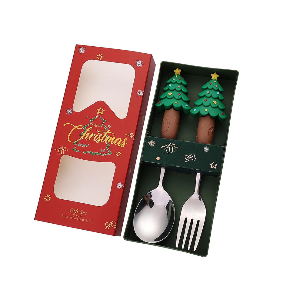 Christmas, Stainless Steel Spoon and Fork Set Santa Spoon Fruit Fork Tableware Gift Box