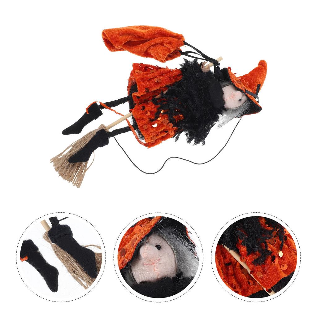 Spooky Flying Witch On Broomstick Hanging Decoration Fabric Wood Jute Rope Halloween Prop for Indoor Outdoor Haunted House
