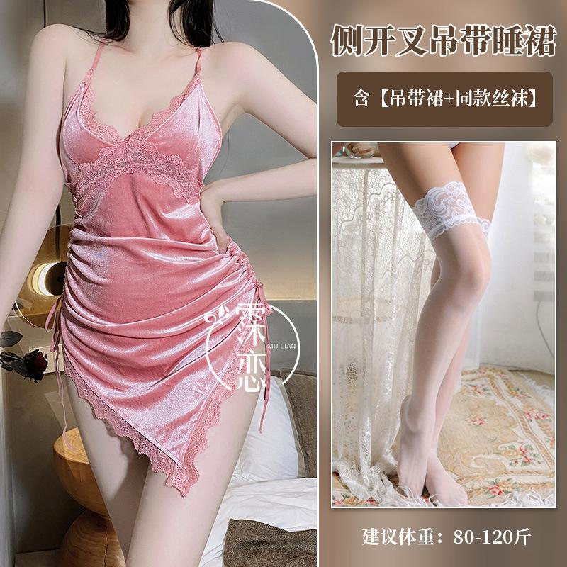 Sexy lingerie side split suspenders deep V backless pure lust sexy hot flirting female temptation