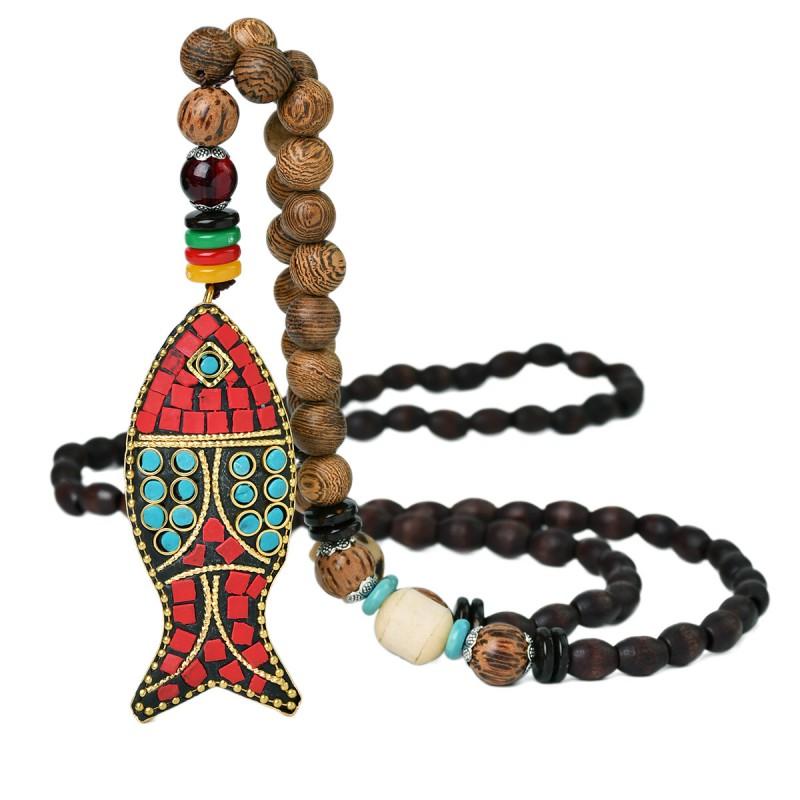 Handmade Bohemian Long Pendant Necklace Women With Wooden Beads Bodhi Seed Charm Vintage Ethnic Style