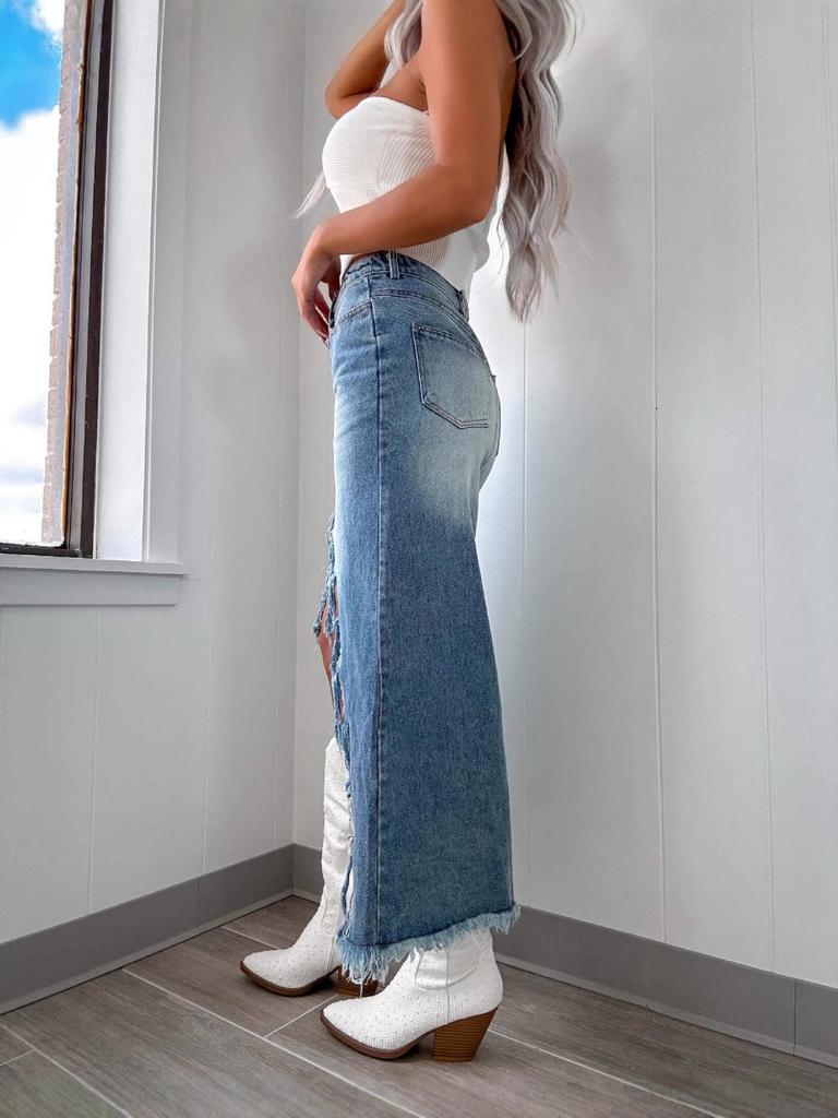 High-Waisted Irregular Frayed Hem Vintage Washed Denim Midi Skirt - Spring 2025 Collection