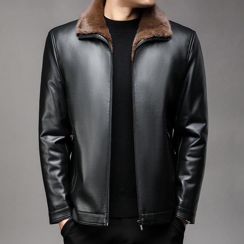 New Style Leather Jacket for Men with Velvet and Thickening for Middle-aged and Elderly Men with Fur Integrated Winter Daddy Lapel Warm Leather Jacket