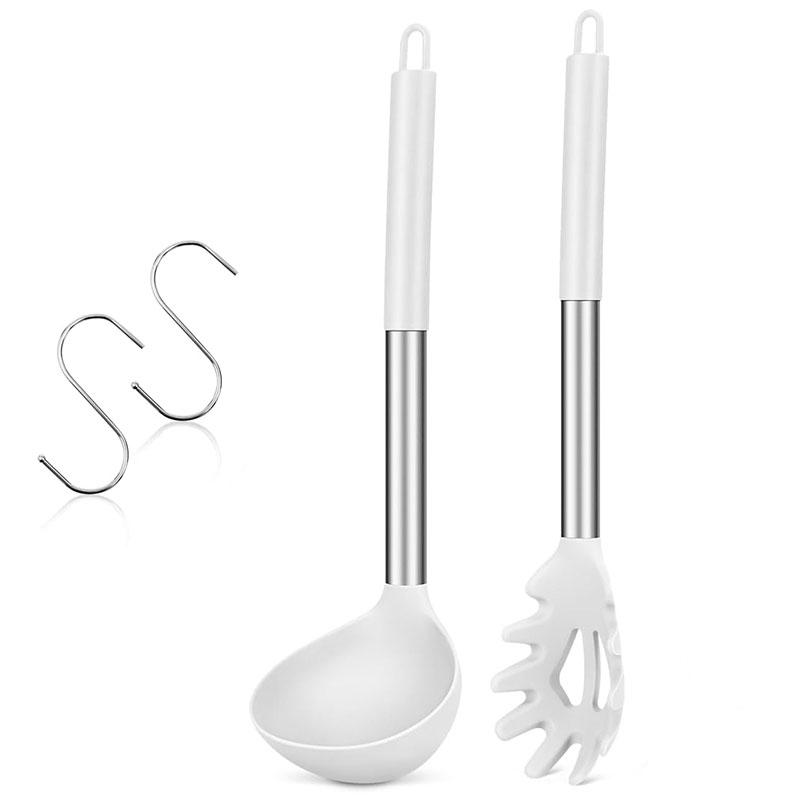 Silicone Pasta Fork and Ladle Spoon Set Large Nonstick Kitchen Utensils with Stainless Steel Handle For Cooking Draining JT594