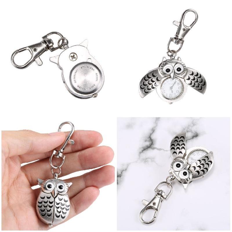 Vintage Numerals Quartz Pocket Watch Owl Shape Watch Sliver Case Necklace Pendant Keychain Clock Chain Mens Women Christmas Gift