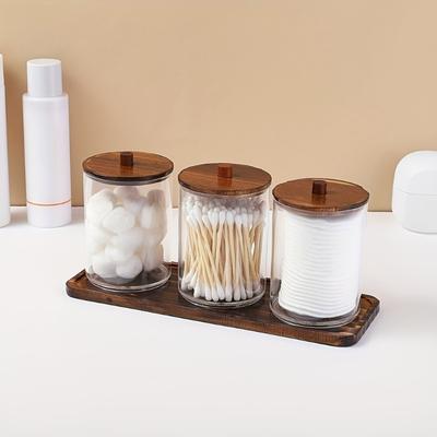 Round Cosmetic Organizers With Natural Wooden Top Transparent Bathroom Storage Container with Wooden Tray