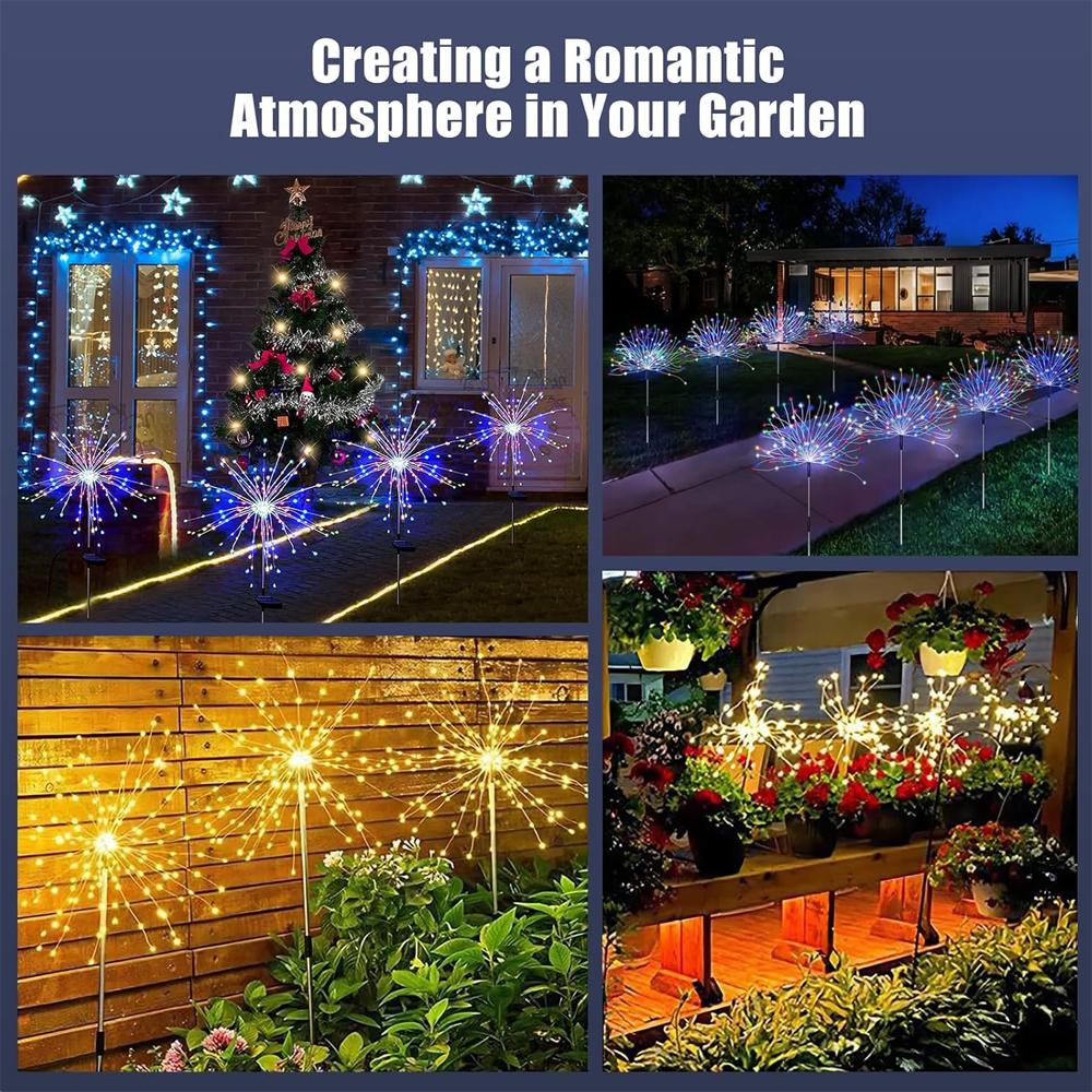 2x Waterproof LED Solar Firework Lights Outdoor, 8 Modes Holiday Lighting Light Garden Decoration Fairy Lamp for Patio Christmas
