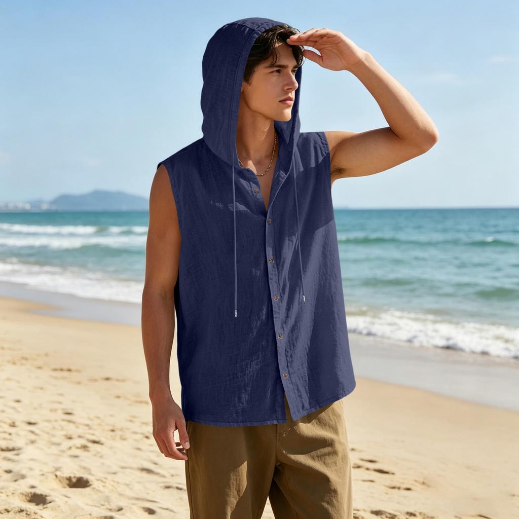 Mens Sleeveless Linen Hooded Shirt Button Down Breathable Relaxed Fit Casual Vest Top Lightweight Summer Apparel