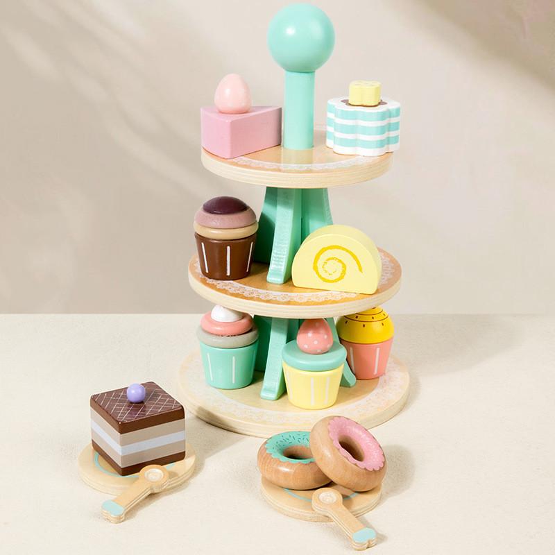 Kids Wooden Dessert Shelf With Multilayer Design For Imaginative Play Learning