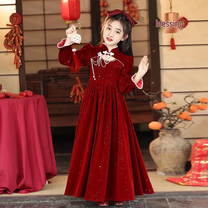 

2024 Осеннее красное платье принцессы для девочек – Модные средние и большие размеры для осени и зимы 120cm