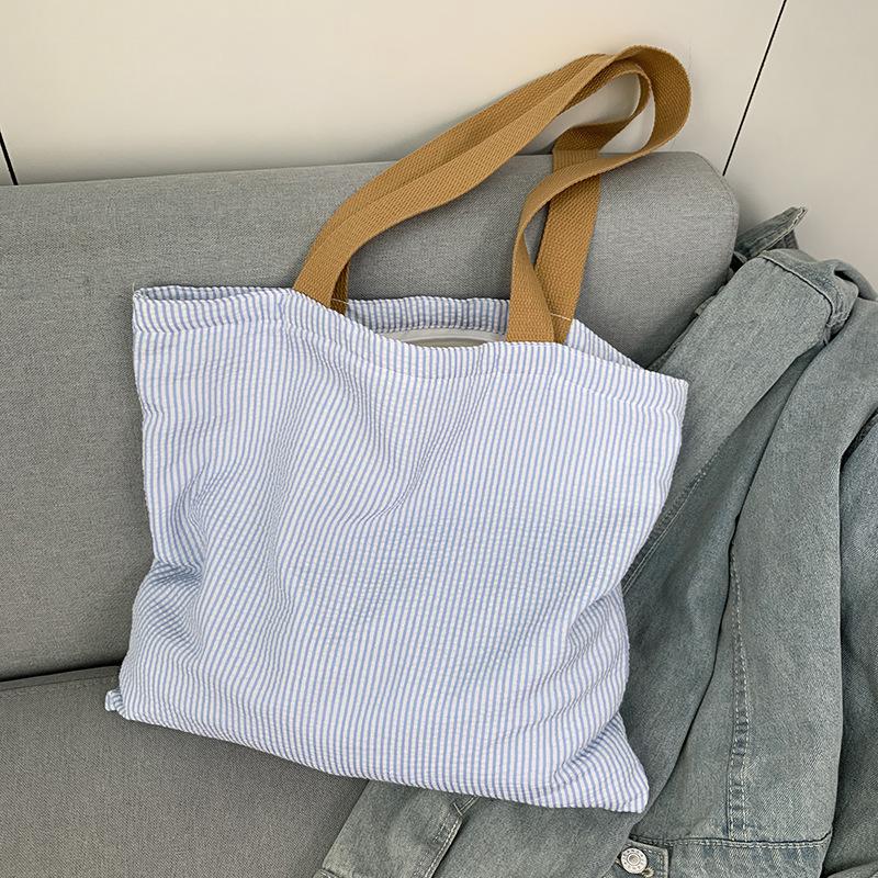 Stripe Ctrast Color Women's Canvas Shoulder Bag Large Capacity CollegeBook Tote Zipper Handbags Simple Commuter Shopping Bag