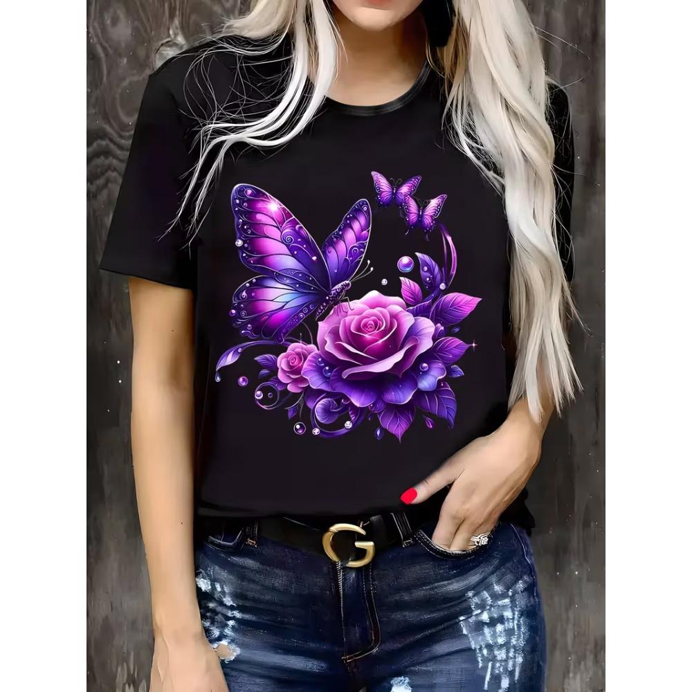 

Wo Elegant Black T-Shirt with Vibrant Blue and Purple Butterfly and Rose Design Short Sleeve, Round Neck, Casual Summer Top S