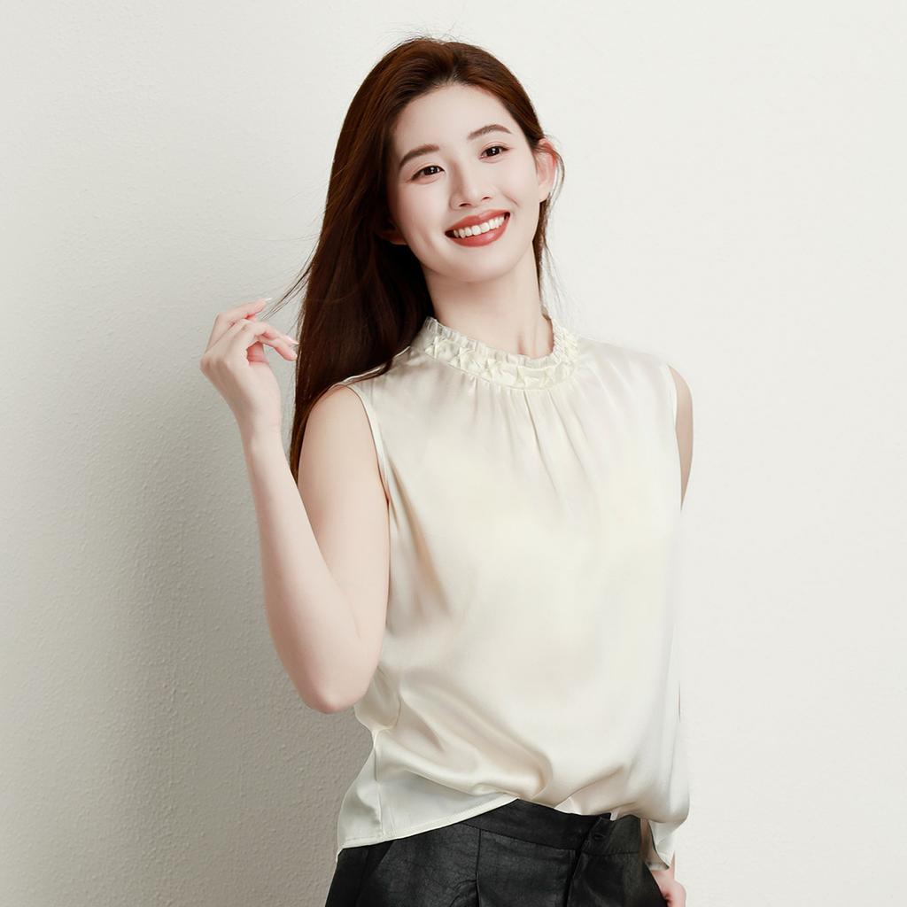 New 92% Mulberry Silk Tank Top Fashionable High End Handmade Pinch Flower Binding Bead Versatile Shirt Commuter Women's T-shirt