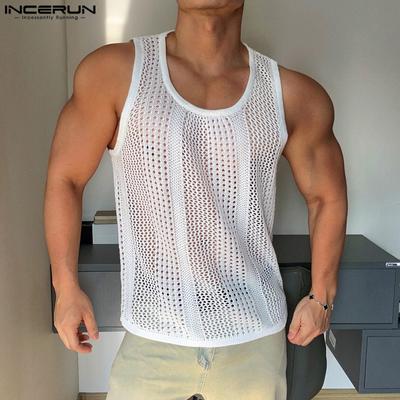 Men Scoop Neck Sleeveless Fishnet Vest See Through Mesh Tank Tops