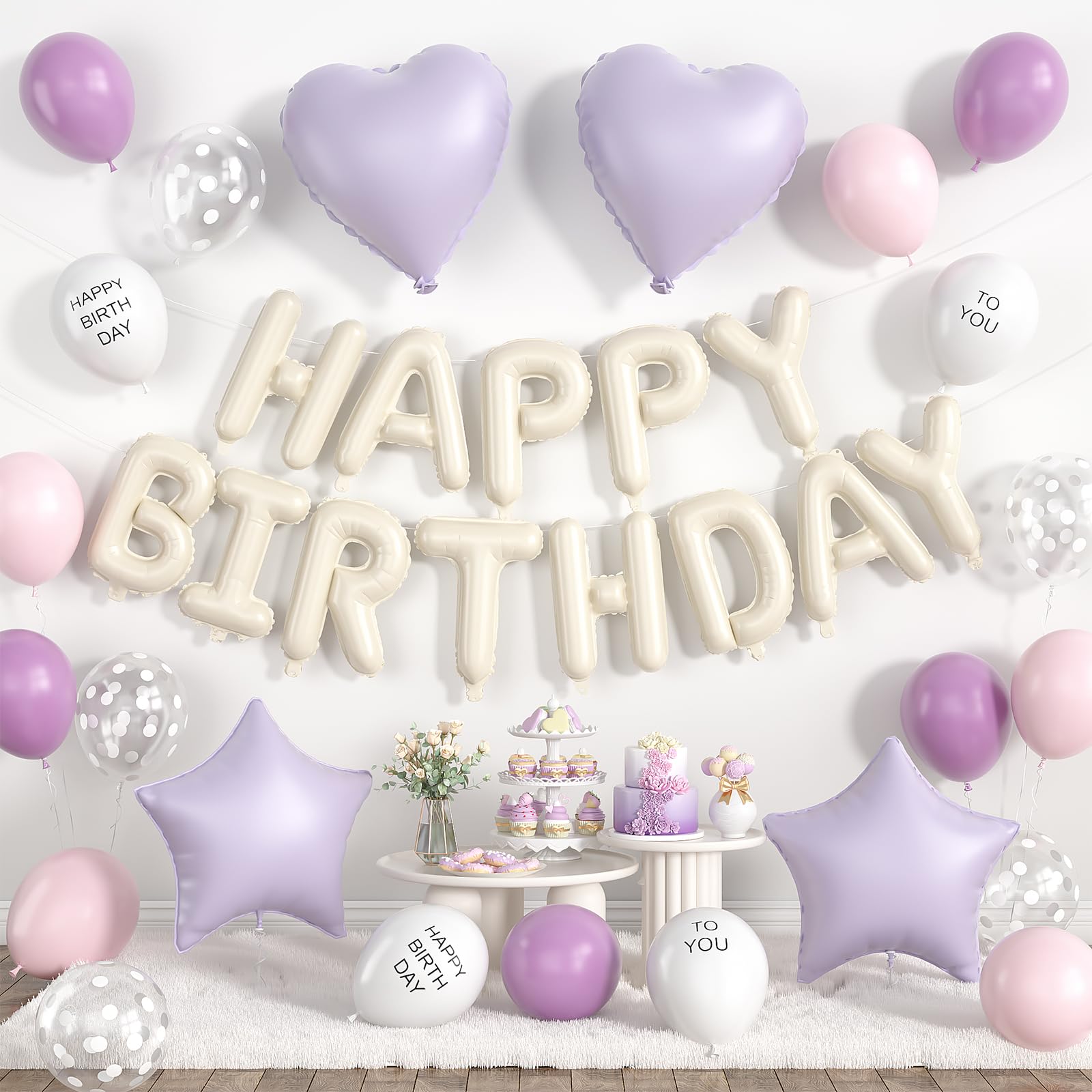 

Lausatek Birthday Balloon Decoration Set Balloons Garland HAPPY BIRTHDAY Letters Heart Star Clear Dot Decorations Kids Boys Girls Muted White Purple