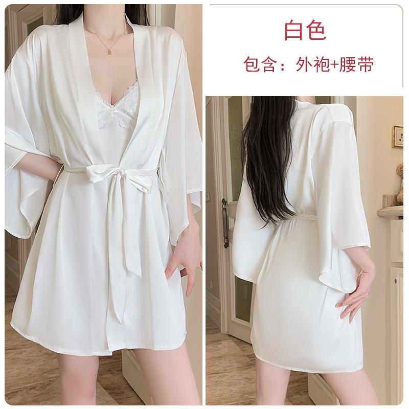 Women's Plus Size Satin Lace Trim Padded Sleep Dress with Robe Lounge Set