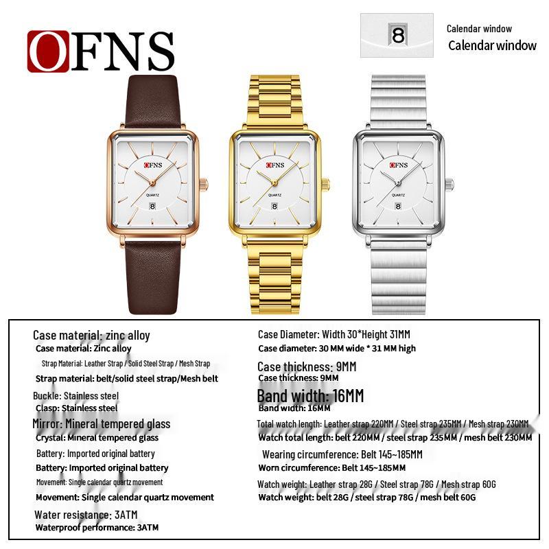 OFNS Women's Retro Square Watch – French Design, Simple Bar Markers, Business Style, Calendar, Waterproof, Quartz Movement.
