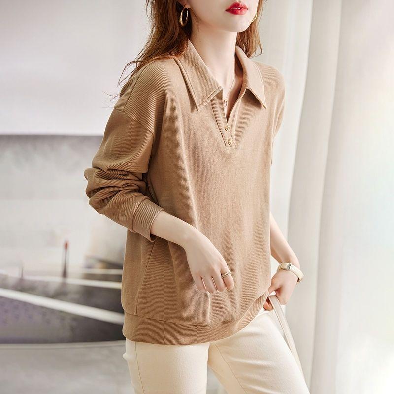 Cotton Collar Loose Long Sleeved Sweatshirt for Women In Spring and Autumn POLO Collar Design for Women's Clothing