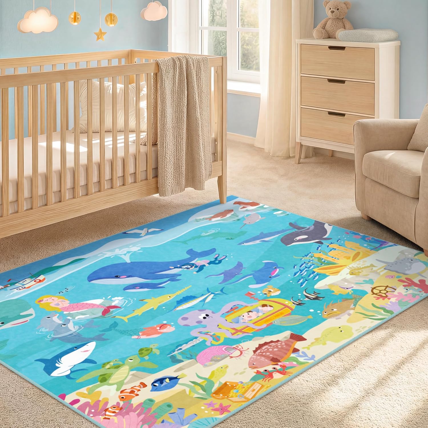 Colorful Underwater World Rug for Kids Room Featuring Whales Dolphins Octopus and Treasure 50x80cm 20x31 inch