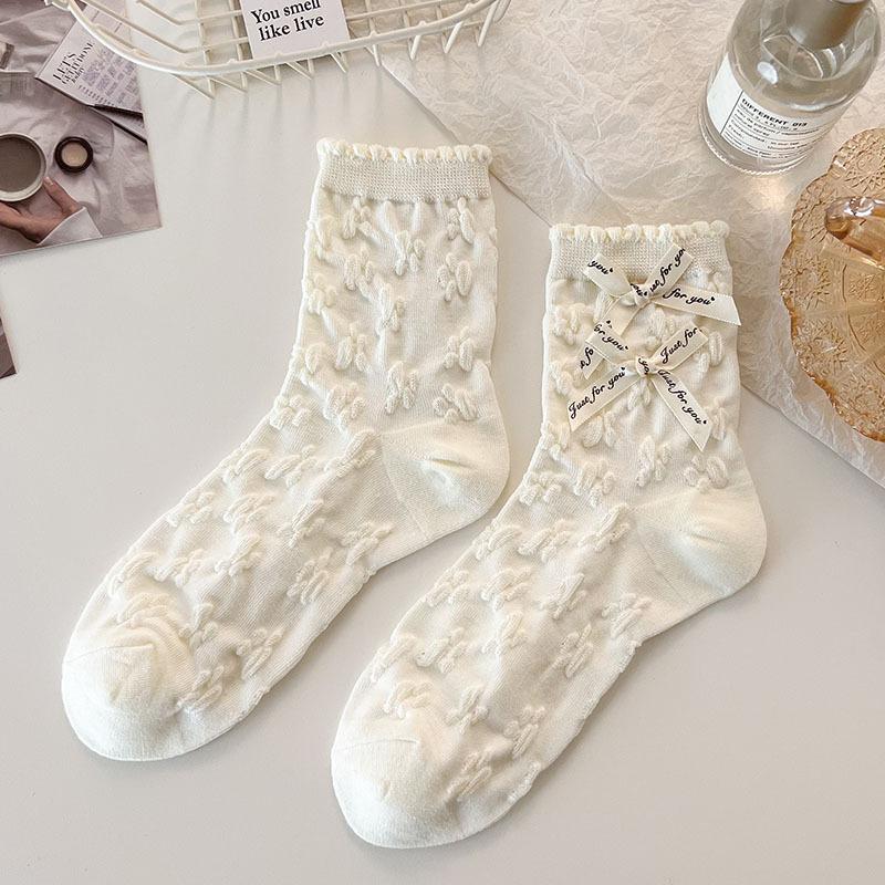 

Personalized Three-dimensional Small Ear White Socks for Women, Sweet Bow Lace Socks, Versatile Polka Dot Women s Socks for Spring and Summer 1 pair