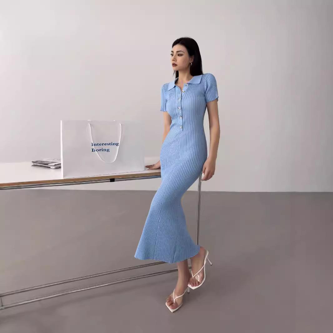 

Вязаное платье «рыбий хвост» в королевском стиле: Женское приталенное поло, с коротким рукавом, осень/лето L синий