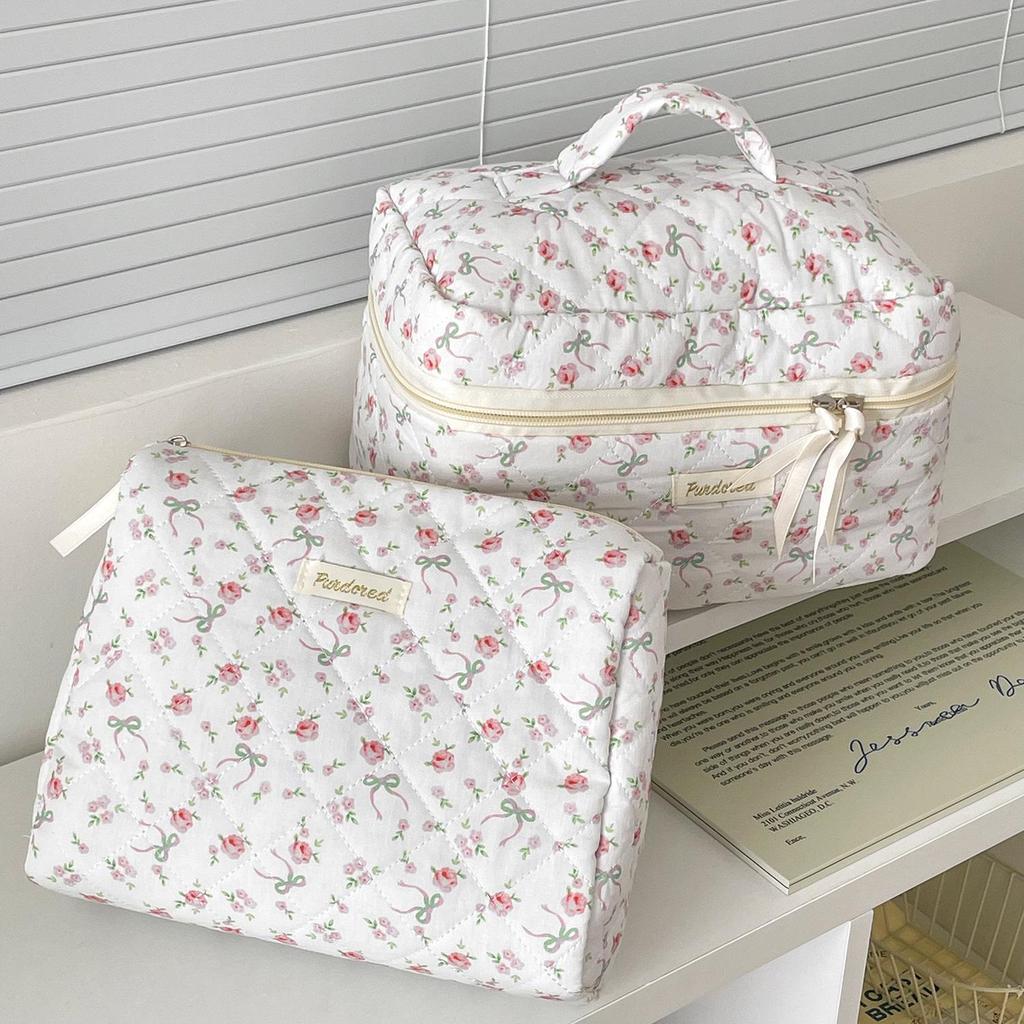 Rose Bow Floral Makeup Bag - Portable, Fresh Design, Perfect for Travel and Storage