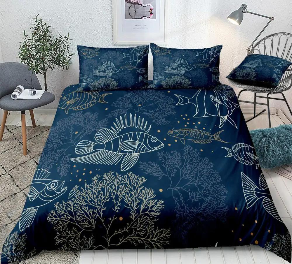 

Ocean Element Bedding Sets Underwater World Duvet Cover Pillow Covers Fish Seaweed Quilt Cover Queen Size King Size EU Single135x200cm чёрный