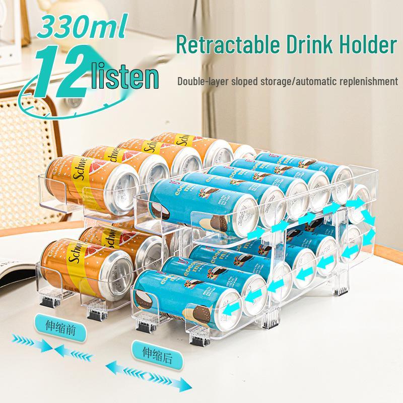 Retractable Transparent Double-Layer Refrigerator Storage Box for Easy-Pull Beverage Cans