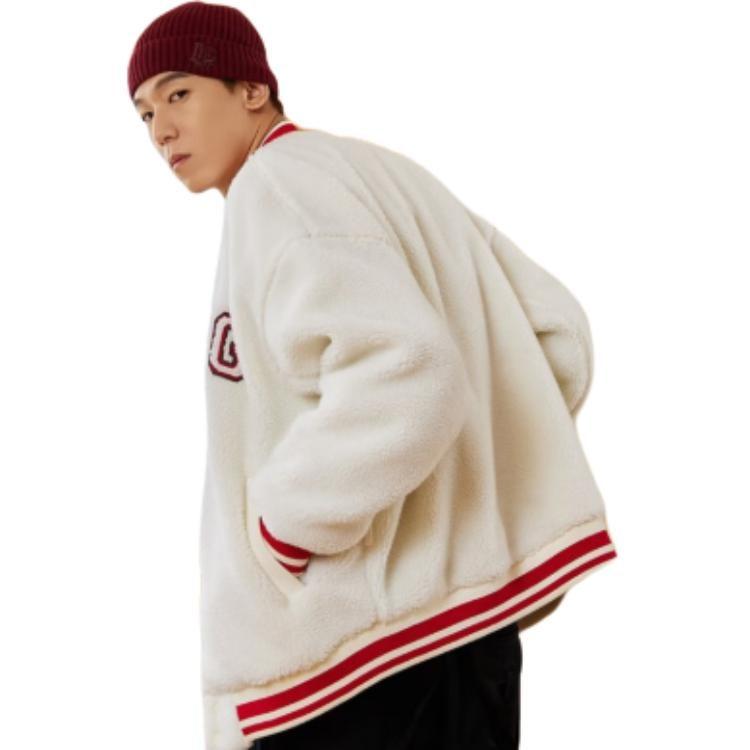 Li Ning Color Block Trim Stripes Letter Logo Sherpa Fleece Lined Jacket Unisex Ivory AFDSD31-1