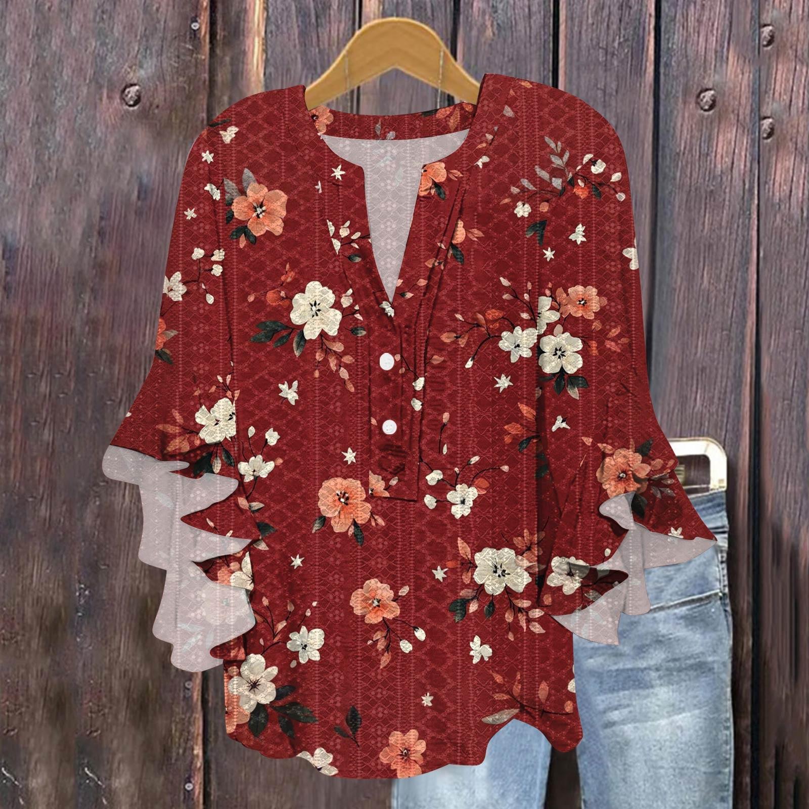 

Женская модная повседневная рубашка с пуговицами, V-образным вырезом, рукавом семь восьмых и винтажным принтом XL красный